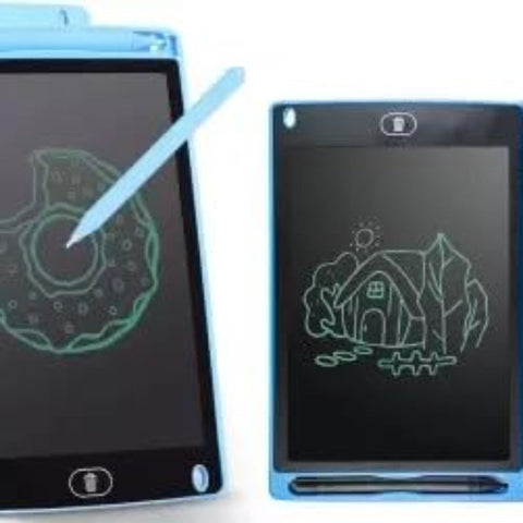 Two electronic drawing tablets with screens displaying drawings and blue cases.